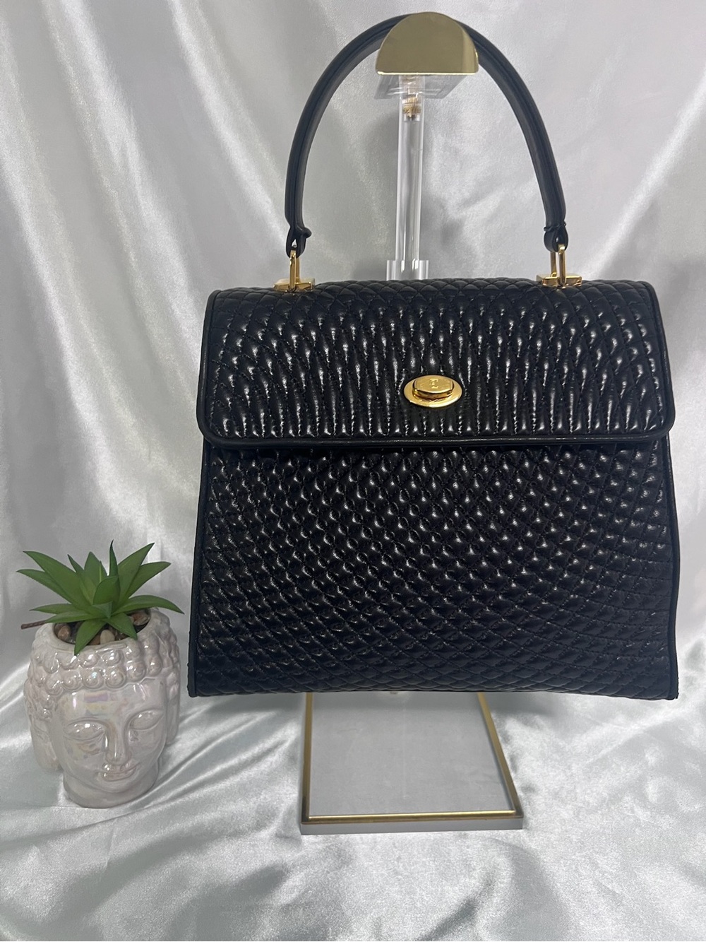 Preloved Vintage Bally Black Quilted Top-Handle Women's Bag with Gold Hardware